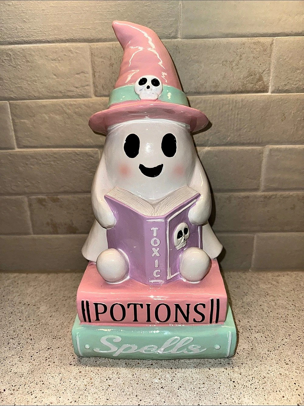 Halloween Pink and White Ghost Potions and Spells Book Figurine